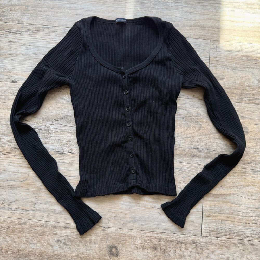 Brandy Melville Ribbed Button Front Top Black Long Sleeve Fitted Y2K Basic